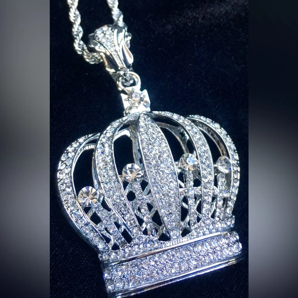 NEW BIG CROWN 18K WHITE GOLD DIAMONDS CZ CHAIN NECKLACE MADE IN ITALY